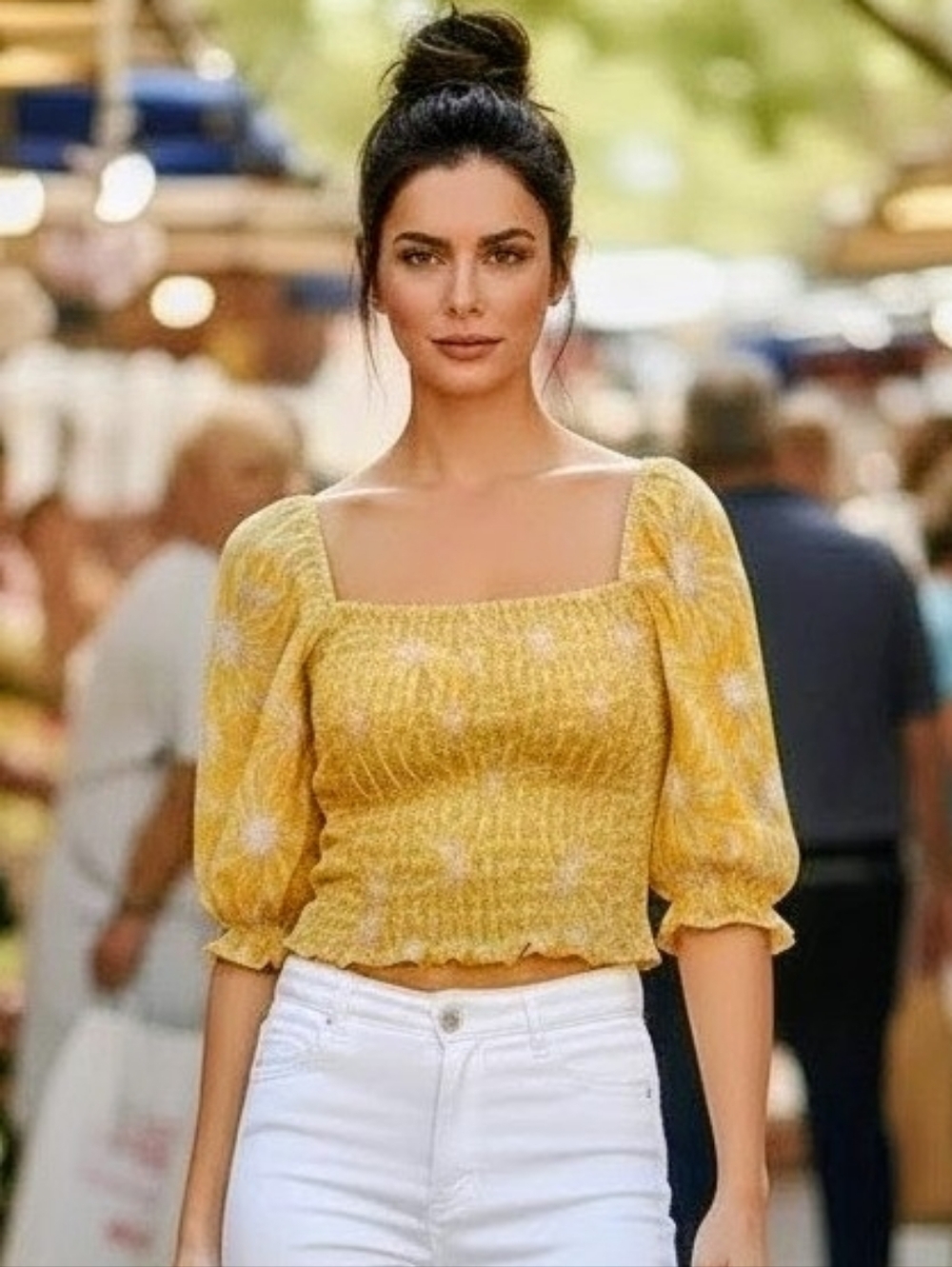 Y2k CANARY YELLOW Floral Smocked Crop Top